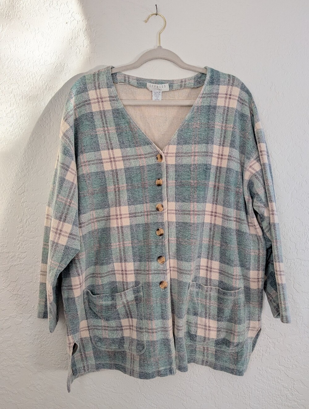 Vintage Express Tricat Women's Mint Plaid Button-Front Sweater Cardigan